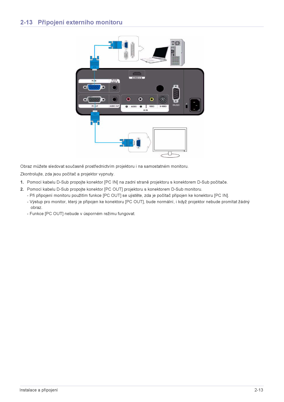 Samsung SPL201WEX/EN manual 13 Připojení externího monitoru 