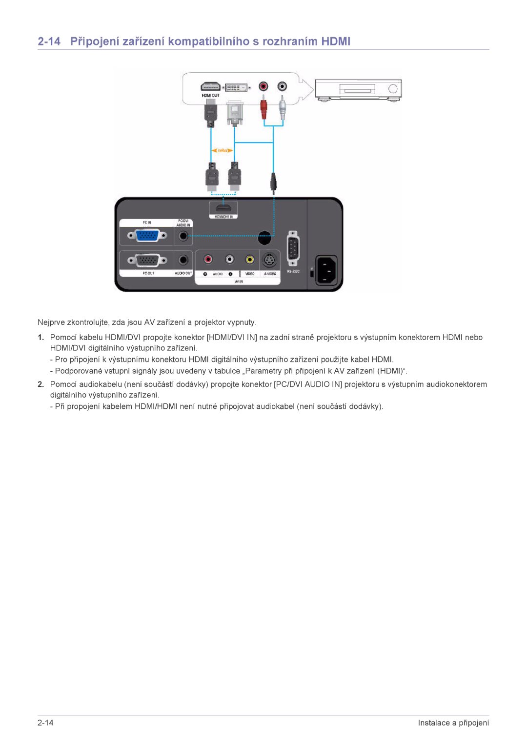 Samsung SPL201WEX/EN manual 14 Připojení zařízení kompatibilního s rozhraním Hdmi 