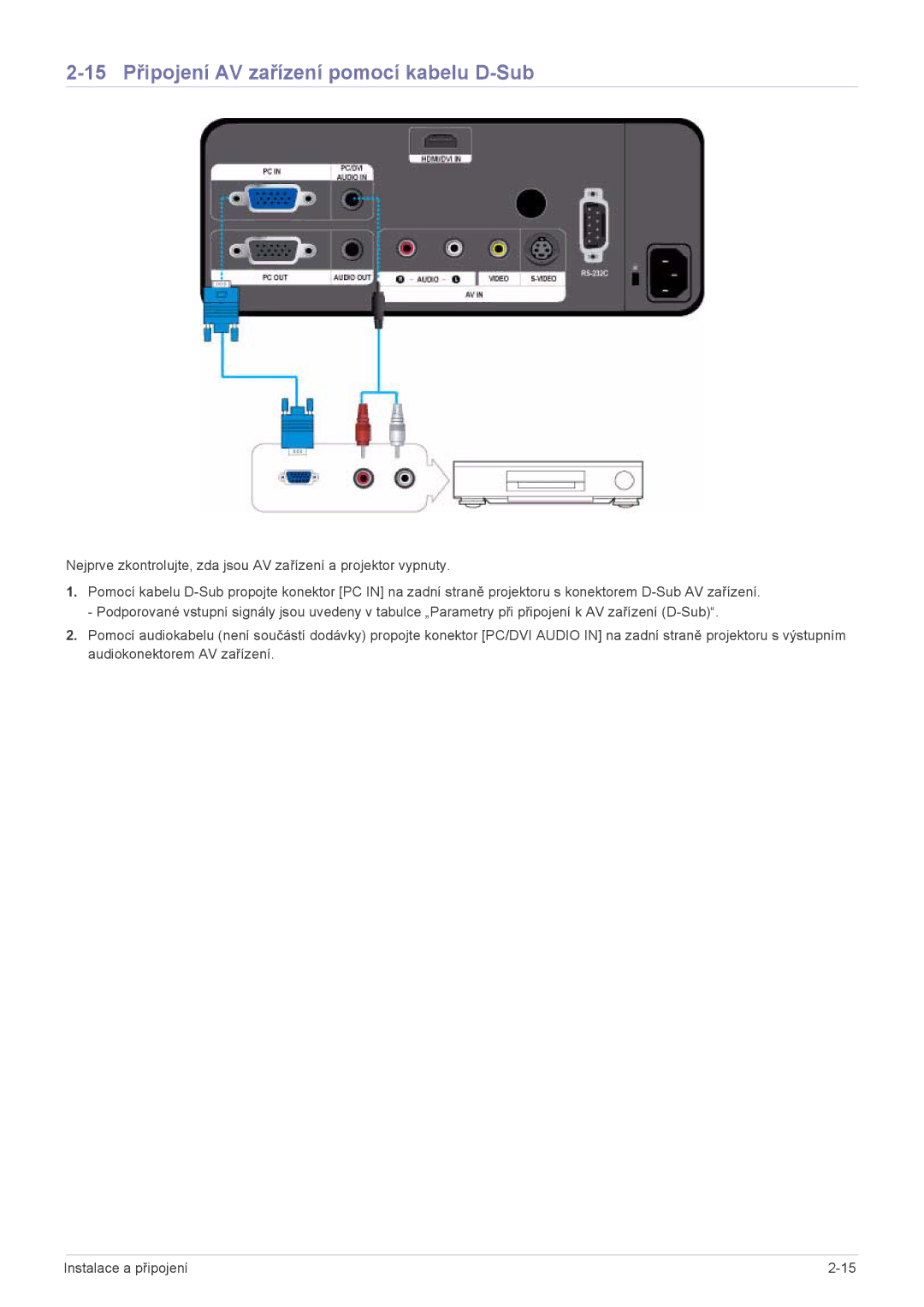 Samsung SPL201WEX/EN manual 15 Připojení AV zařízení pomocí kabelu D-Sub 