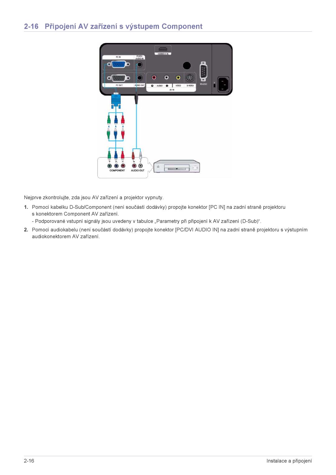 Samsung SPL201WEX/EN manual 16 Připojení AV zařízení s výstupem Component 