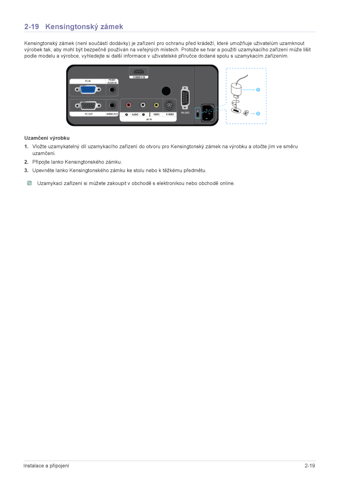 Samsung SPL201WEX/EN manual Kensingtonský zámek, Uzamčení výrobku 