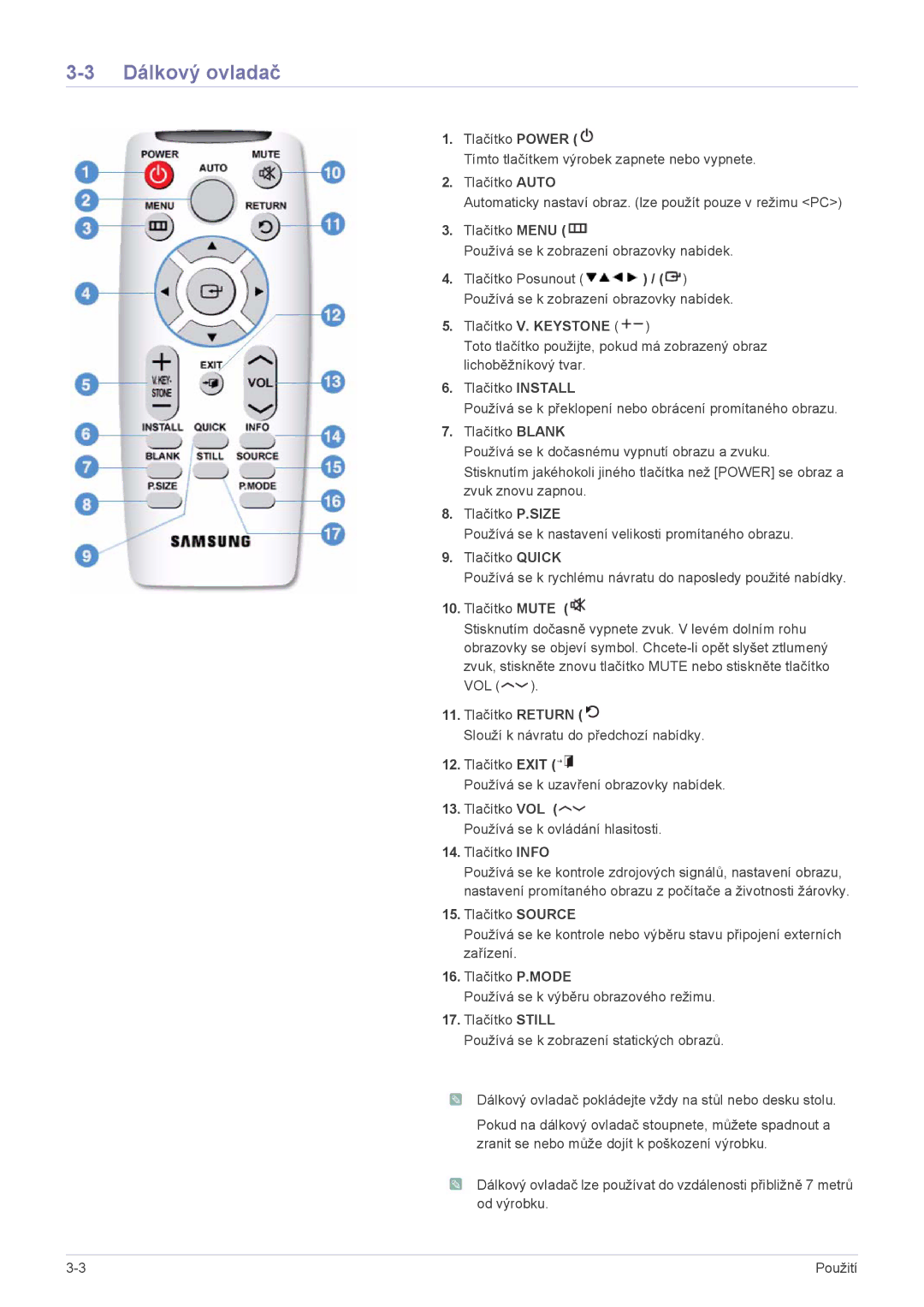 Samsung SPL201WEX/EN manual Dálkový ovladač 