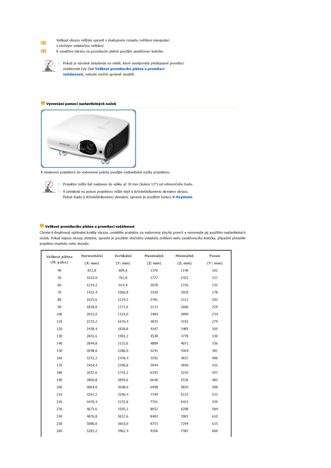 Samsung SPL200WX/EN, SPL250WX/EN Vyrovnání pomocí nastavitelných nožek, Velikost promítacího plátna a promítací vzdálenost 