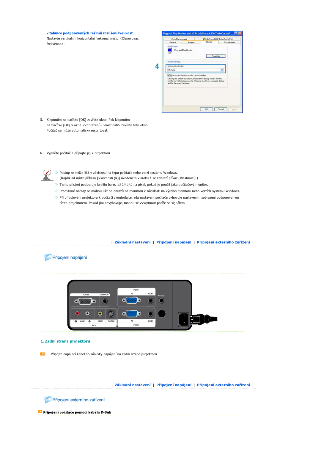 Samsung SPL200WVX/EN, SPL250WX/EN, SPL200WX/EN manual Zadní strana projektoru, Připojení počítače pomocí kabelu D-Sub 