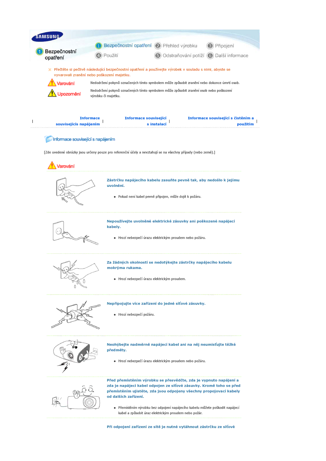 Samsung SPL200WX/EN, SPL250WX/EN, SPL200WVX/EN manual Nepřipojujte více zařízení do jedné síťové zásuvky 