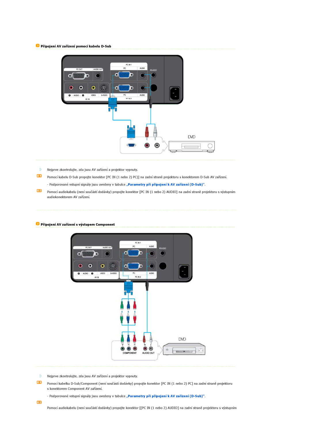 Samsung SPL250WX/EN, SPL200WVX/EN Připojení AV zařízení pomocí kabelu D-Sub, Připojení AV zařízení s výstupem Component 