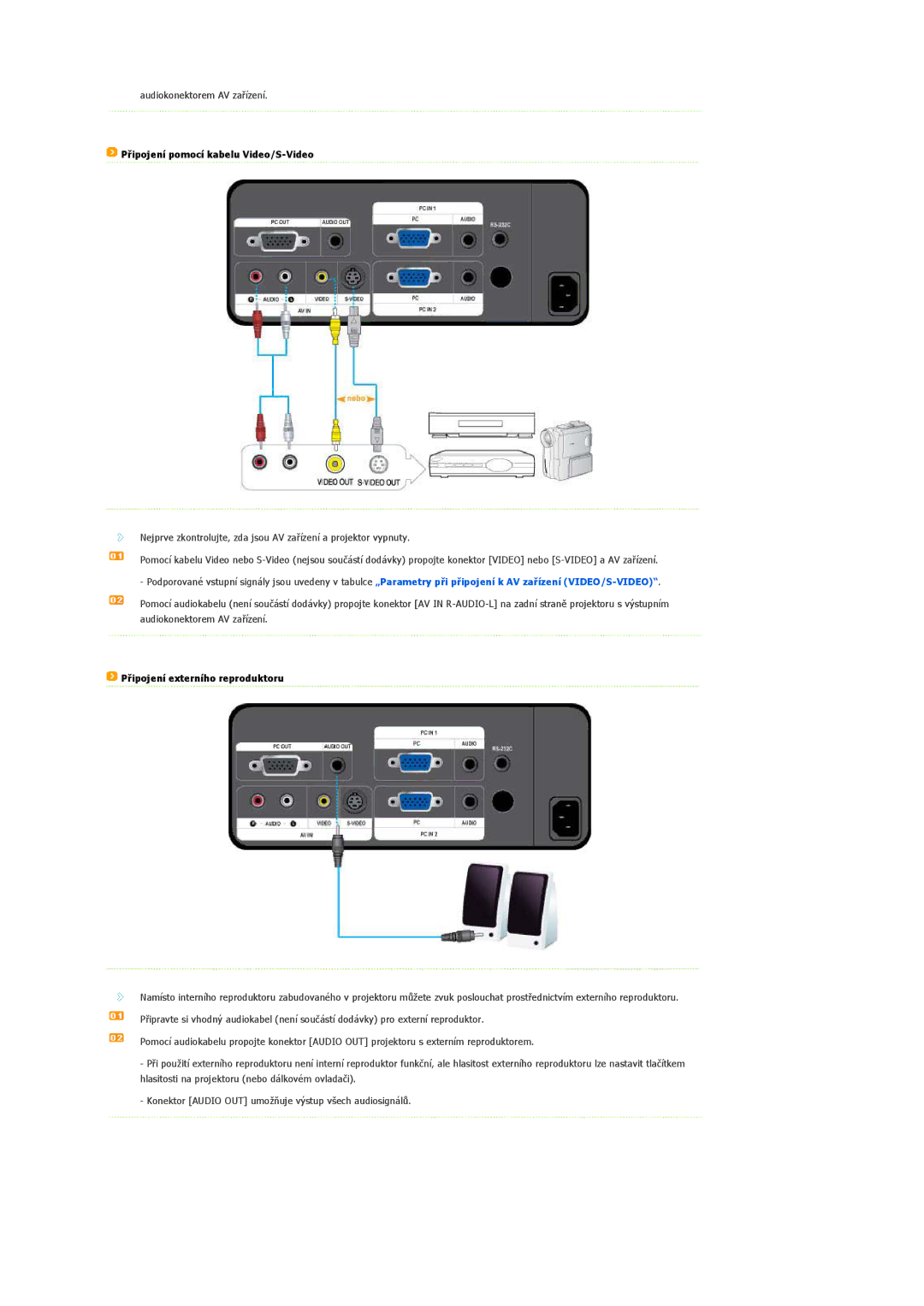 Samsung SPL200WVX/EN, SPL250WX/EN, SPL200WX/EN manual Připojení pomocí kabelu Video/S-Video, Připojení externího reproduktoru 