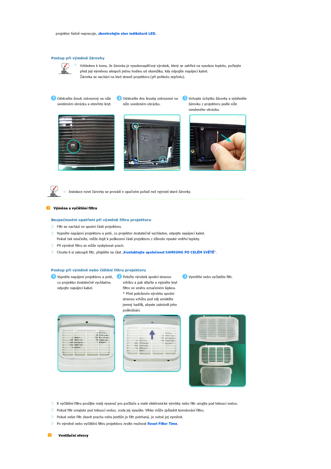 Samsung SPL200WVX/EN, SPL250WX/EN, SPL200WX/EN manual Postup při výměně žárovky, Výměna a vyčištění filtru, Ventilační otvory 