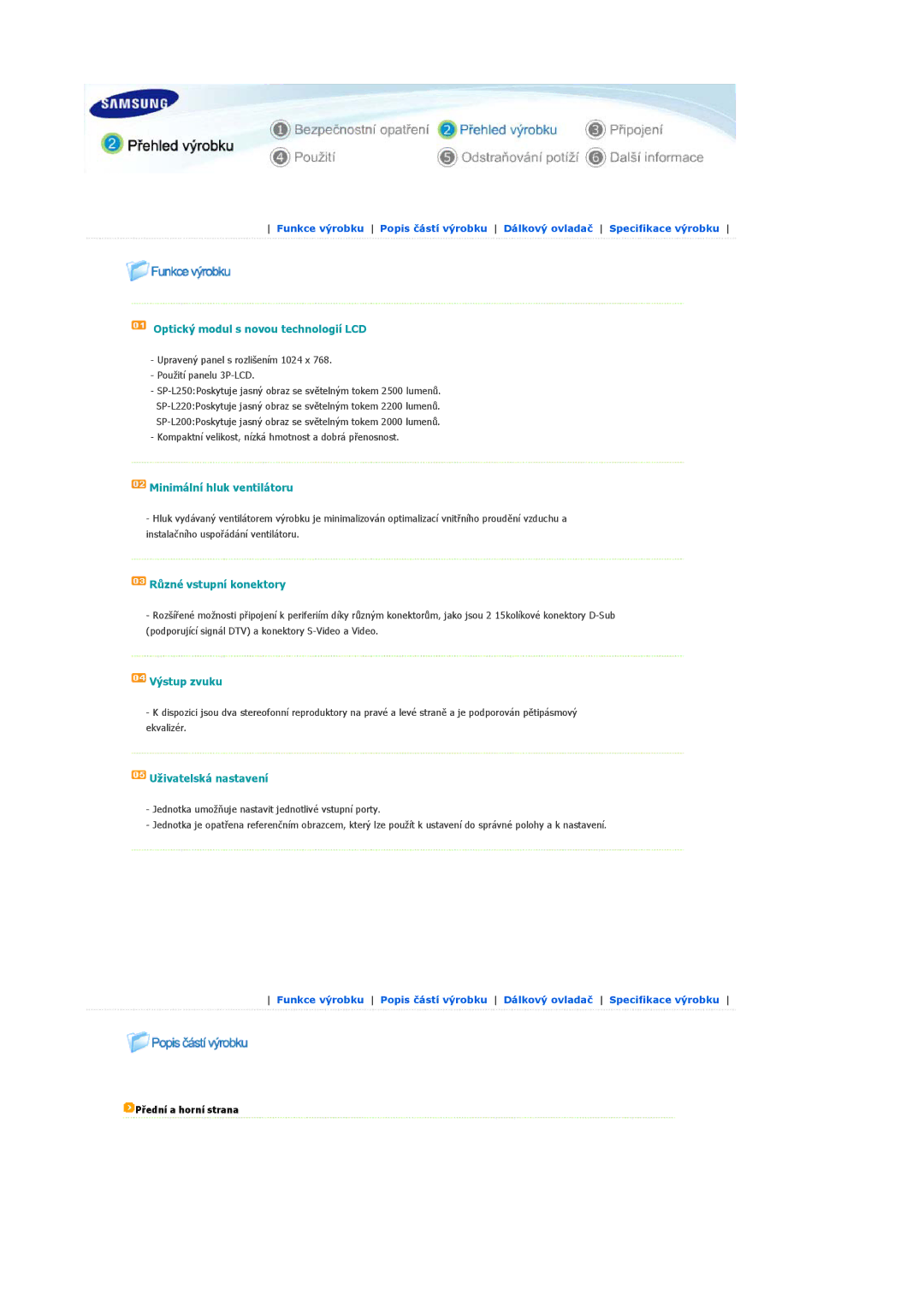 Samsung SPL200WX/EN, SPL250WX/EN, SPL200WVX/EN manual Optický modul s novou technologií LCD, Přední a horní strana 