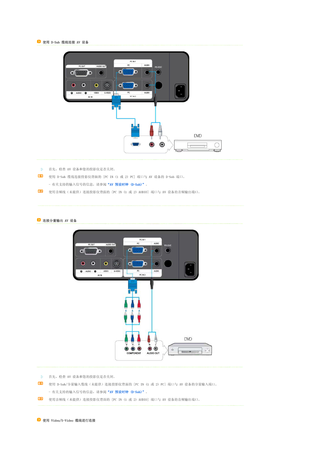 Samsung SPL250WX/EN, SPL200WVX/EN, SPL250WVX/EN, SPL200WX/EN manual 使用 D-Sub 缆线连接 AV 设备, 连接分量输出 Av 设备, 使用 Video/S-Video 缆线进行连接 