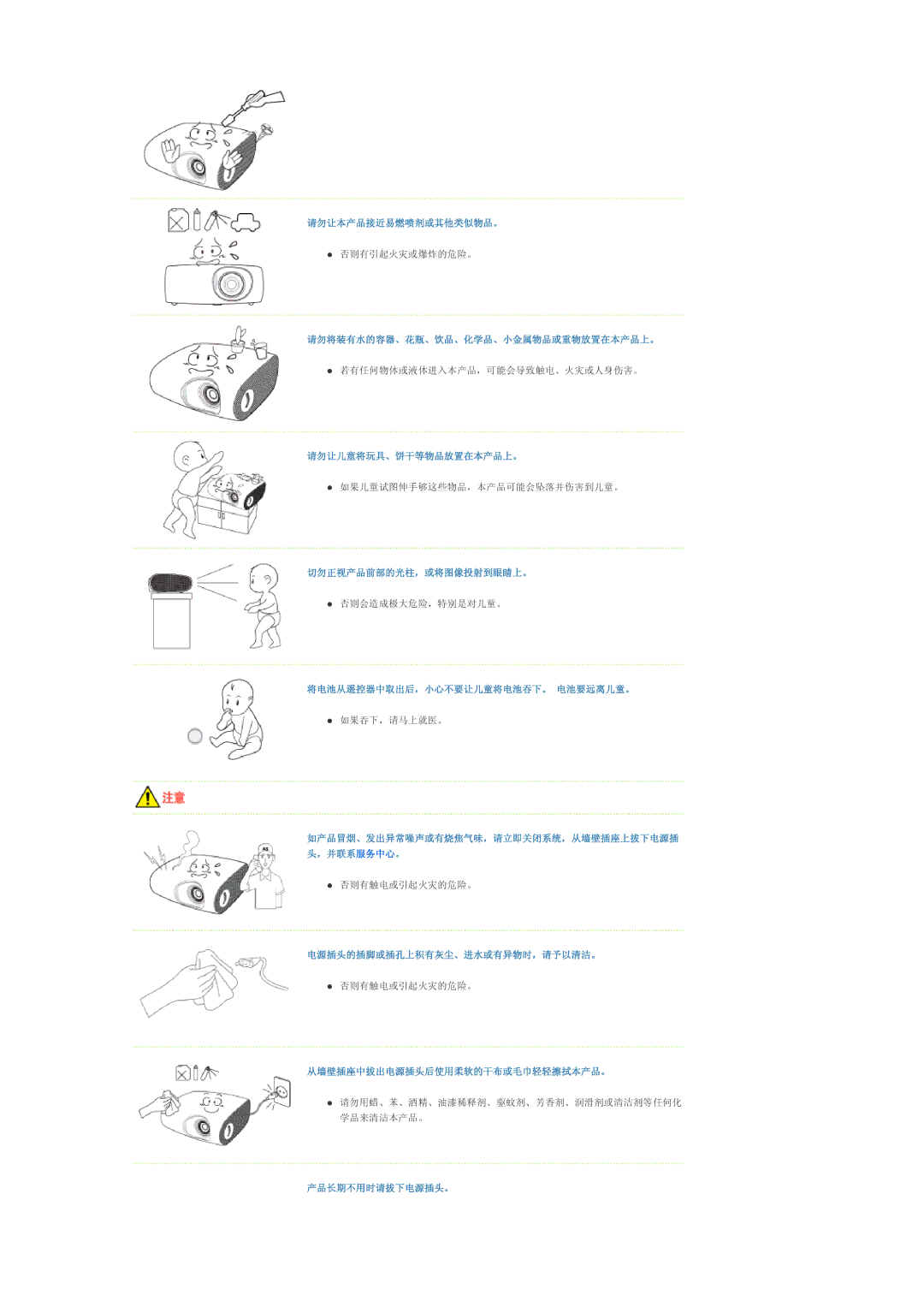 Samsung SPL200WVX/EN 请勿让本产品接近易燃喷剂或其他类似物品。, 请勿将装有水的容器、花瓶、饮品、化学品、小金属物品或重物放置在本产品上。, 请勿让儿童将玩具、饼干等物品放置在本产品上。, 产品长期不用时请拔下电源插头。 