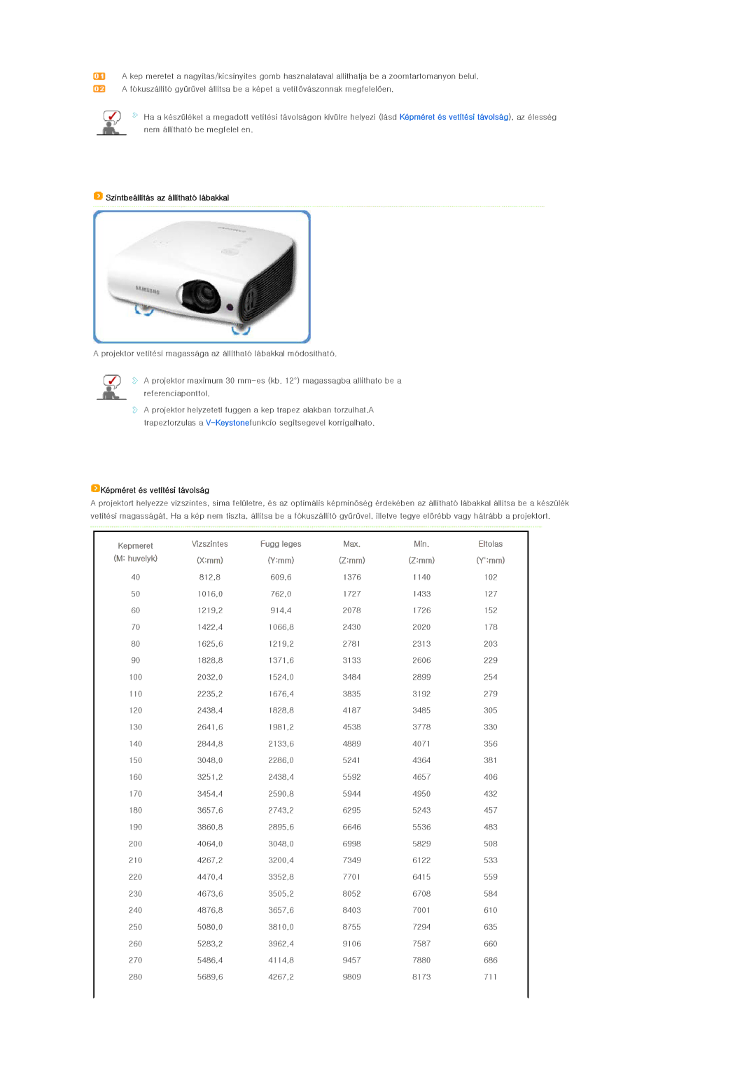 Samsung SPL200WVX/EN, SPL250WX/EN, SPL250WVX/EN manual Szintbeállítás az állítható lábakkal, Képméret és vetítési távolság 