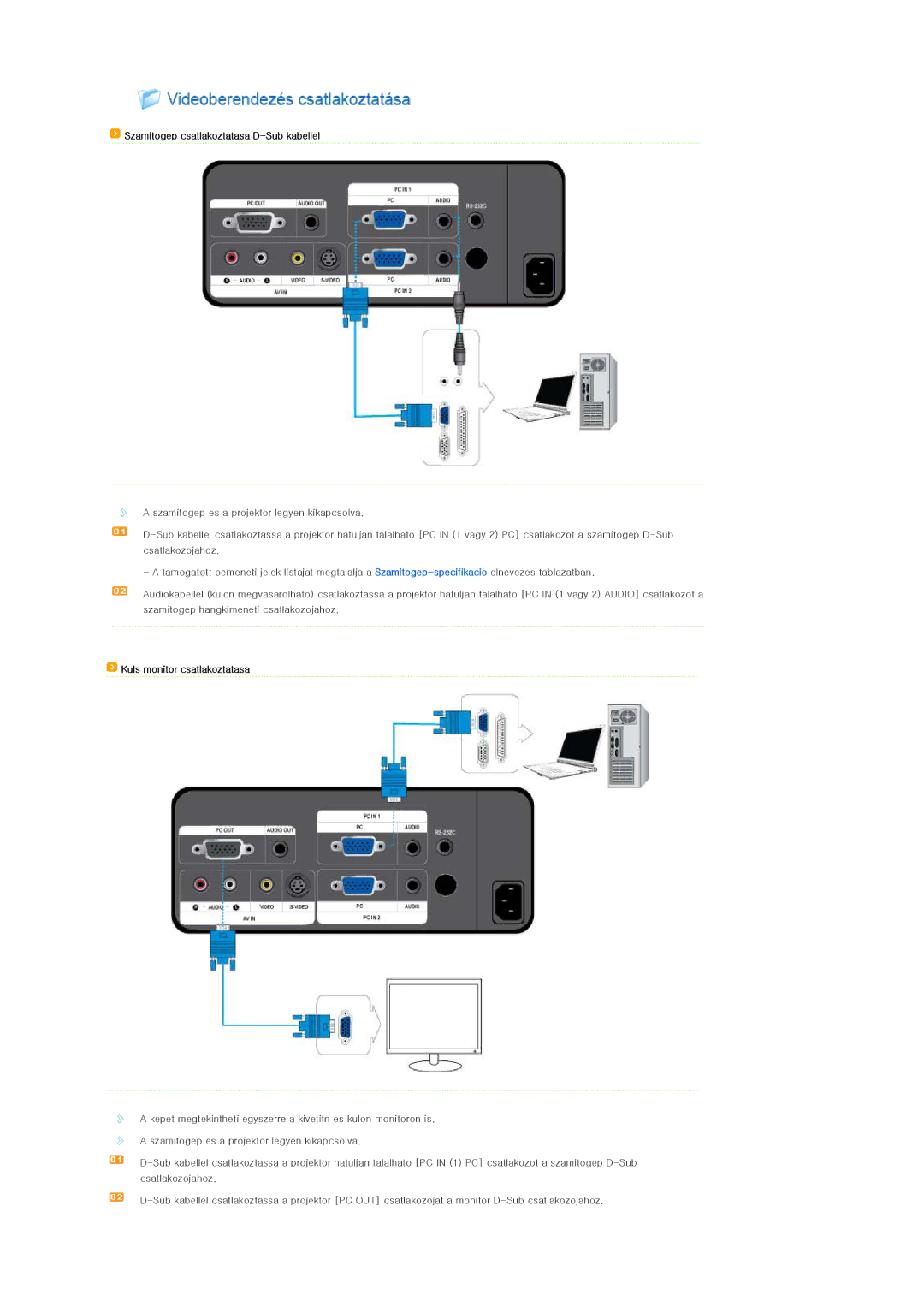 Samsung SPL250WX/EN, SPL200WVX/EN, SPL250WVX/EN Szamitogep csatlakoztatasa D-Sub kabellel, Kuls monitor csatlakoztatasa 