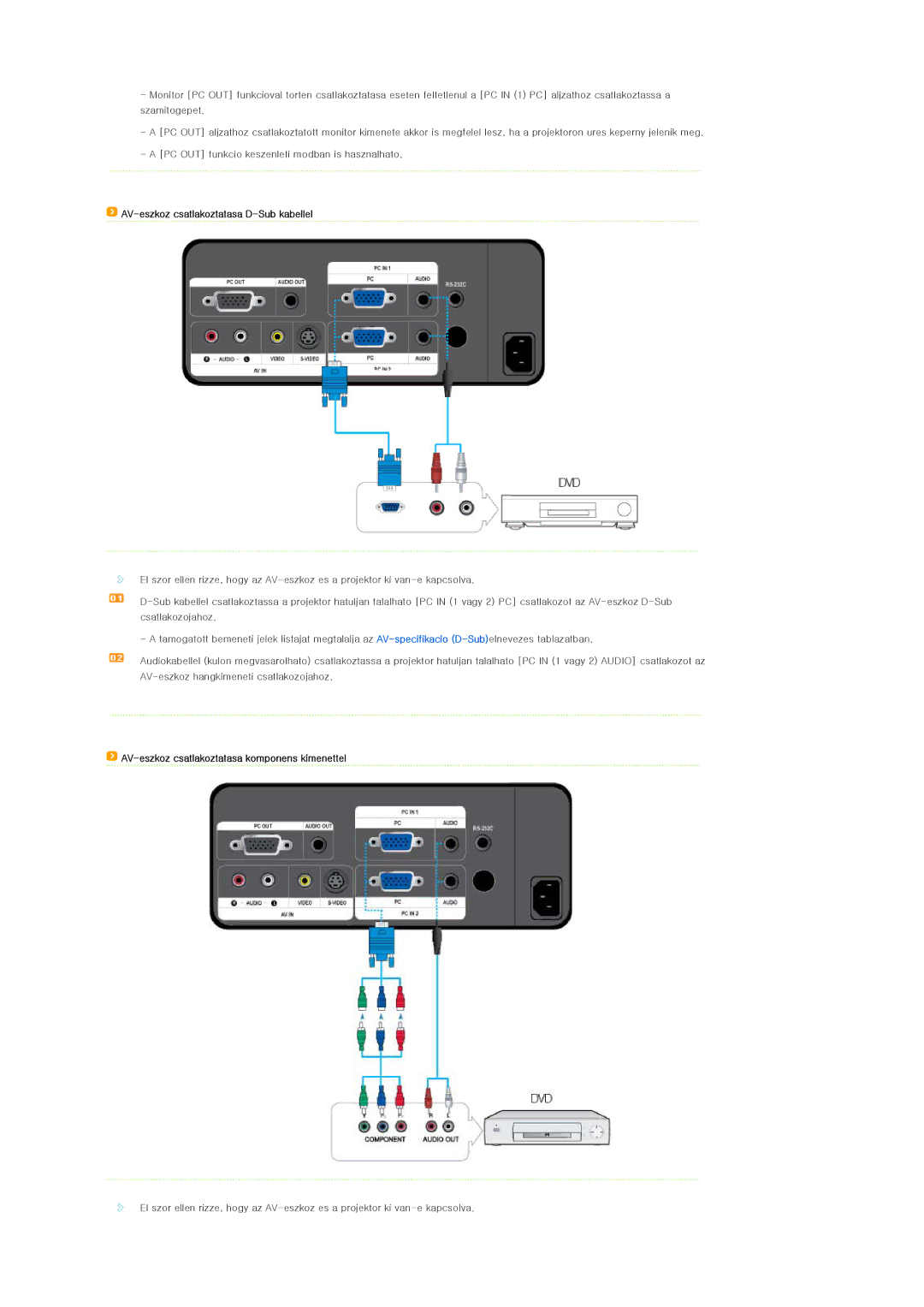 Samsung SPL200WVX/EN, SPL250WX/EN AV-eszkoz csatlakoztatasa D-Sub kabellel, AV-eszkoz csatlakoztatasa komponens kimenettel 