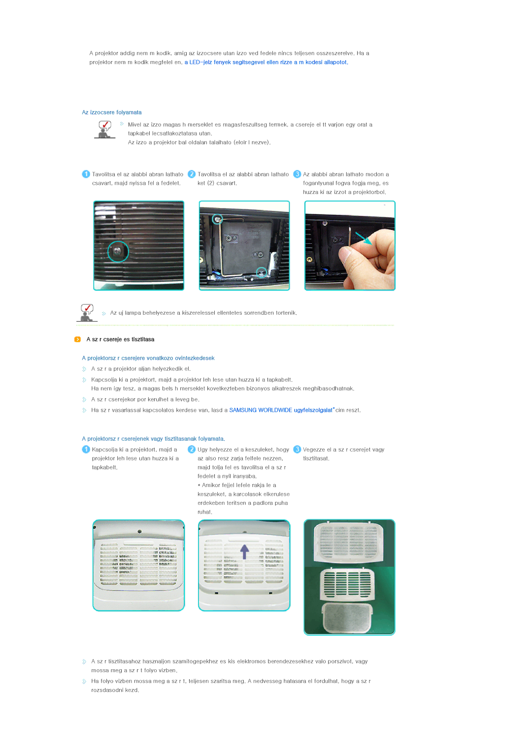 Samsung SPL250WVX/EN, SPL250WX/EN, SPL200WVX/EN, SPL200WX/EN manual Az izzocsere folyamata, Sz r csereje es tisztitasa 