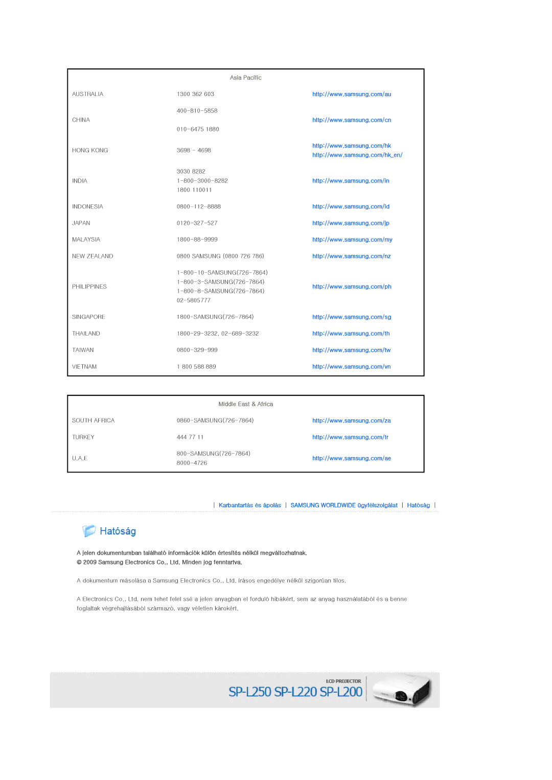 Samsung SPL200WVX/EN, SPL250WX/EN, SPL250WVX/EN, SPL200WX/EN manual Asia Pacific, Middle East & Africa 