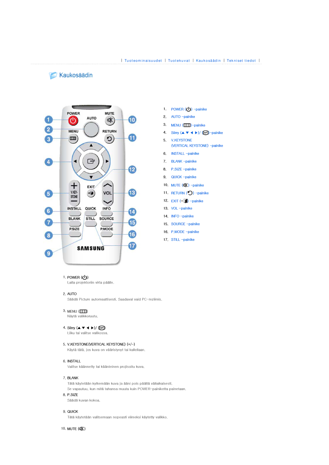 Samsung SPL250WX/EN, SPL200WX/EN manual Keystone, Menu Näytä valikkoruutu 