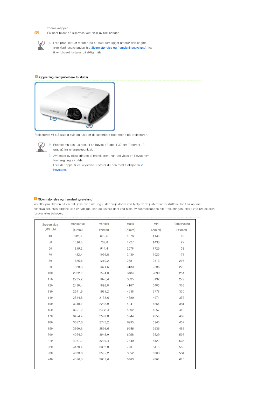 Samsung SPL200WX/EN, SPL250WX/EN manual Screen size Horisontal Vertikal Maks, Forskyvning, Minch Xmm Ymm Zmm 