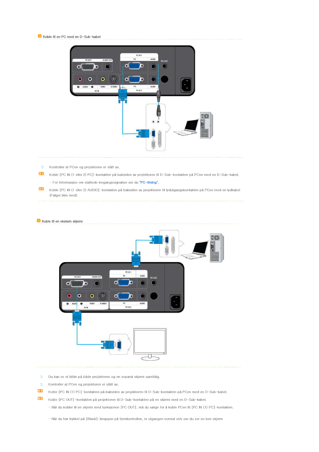 Samsung SPL250WX/EN, SPL200WX/EN manual Koble til en PC med en D-Sub-kabel, Koble til en ekstern skjerm 