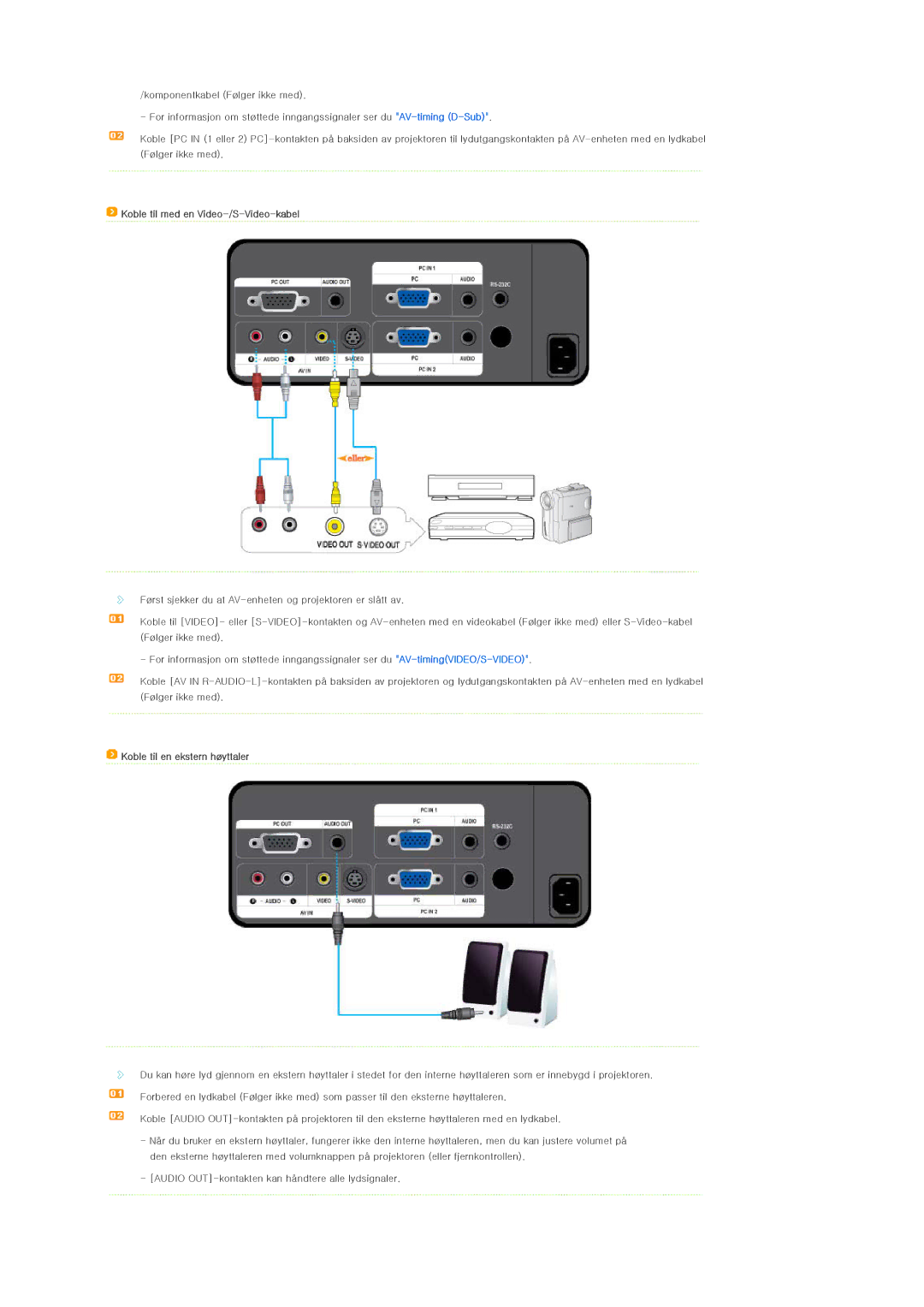 Samsung SPL250WX/EN, SPL200WX/EN manual Koble til med en Video-/S-Video-kabel, Koble til en ekstern høyttaler 