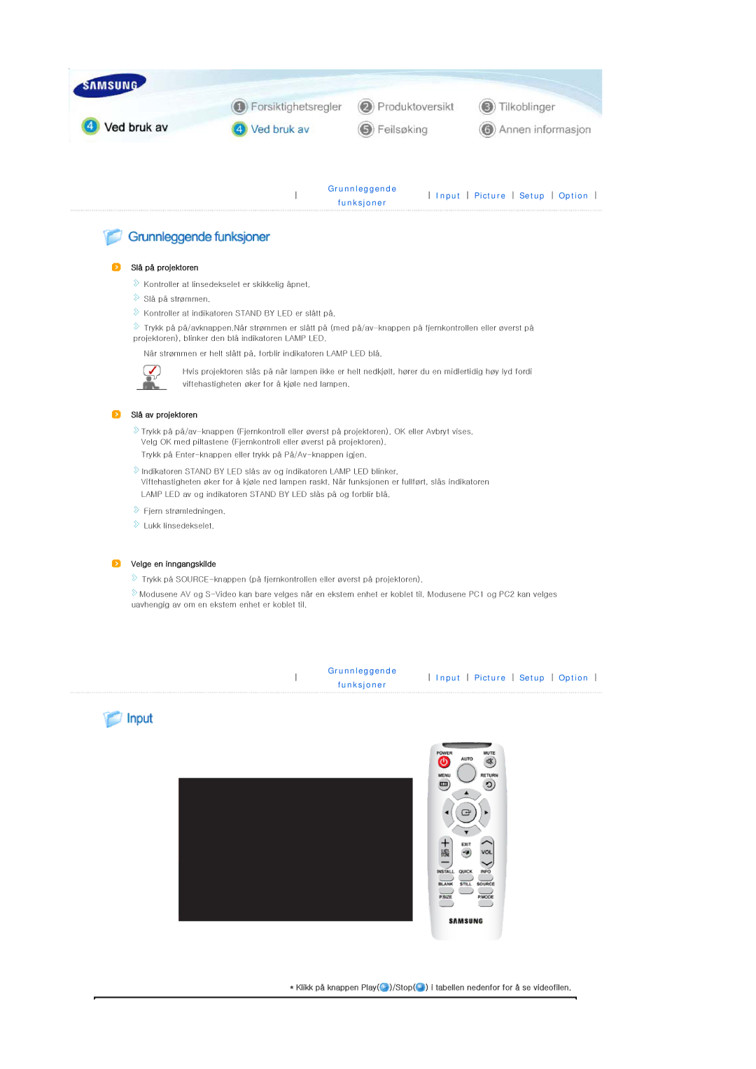 Samsung SPL250WX/EN, SPL200WX/EN manual Grunnleggende Input Picture Setup Option Funksjoner 