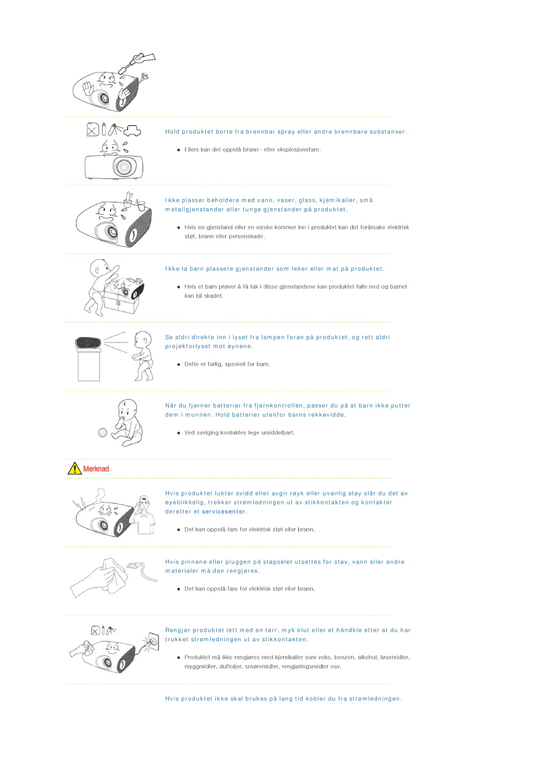 Samsung SPL200WX/EN, SPL250WX/EN manual Ellers kan det oppstå brann- eller eksplosjonsfare 