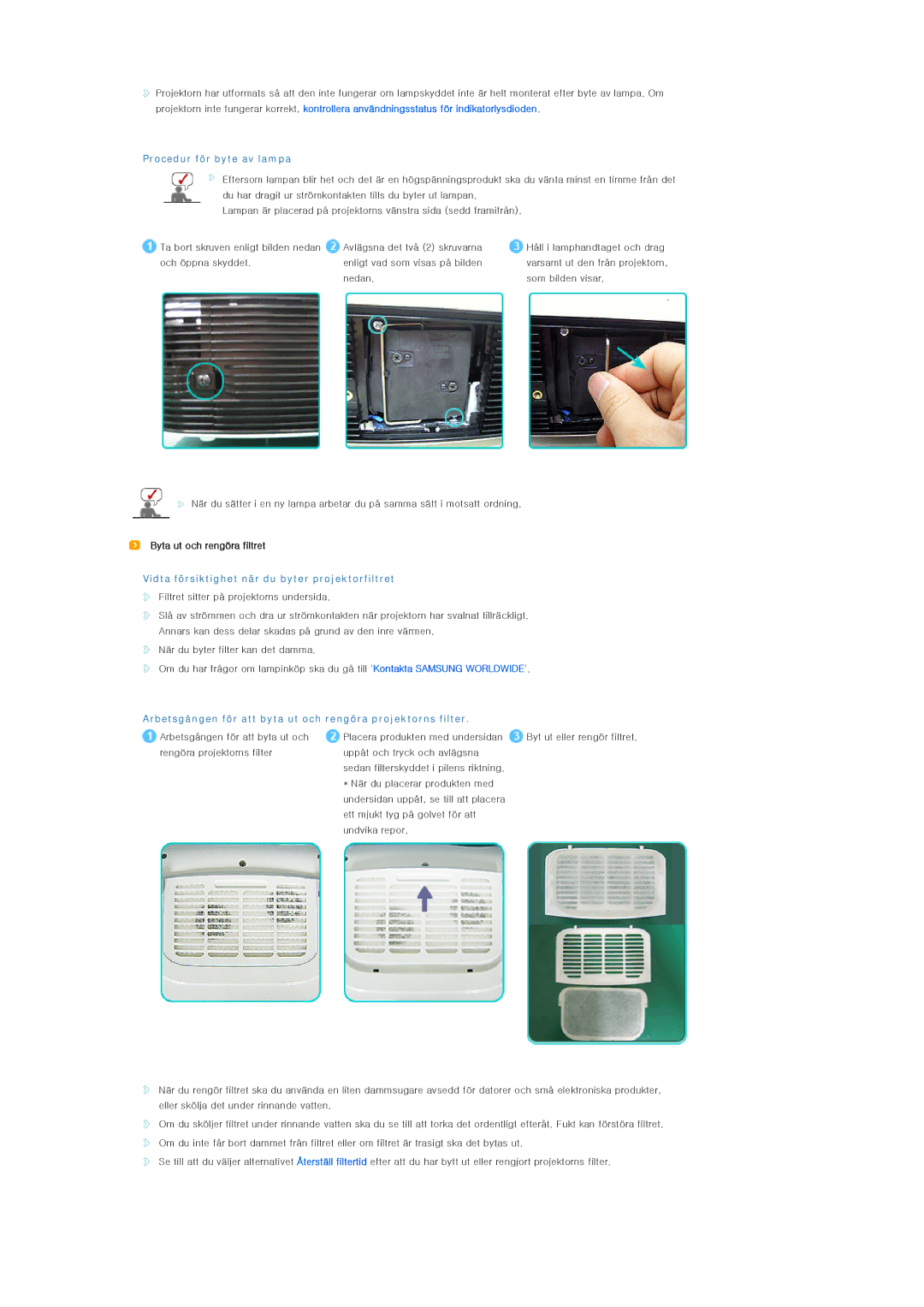 Samsung SPL250WX/EN, SPL200WX/EN manual Procedur för byte av lampa, Vidta försiktighet när du byter projektorfiltret 