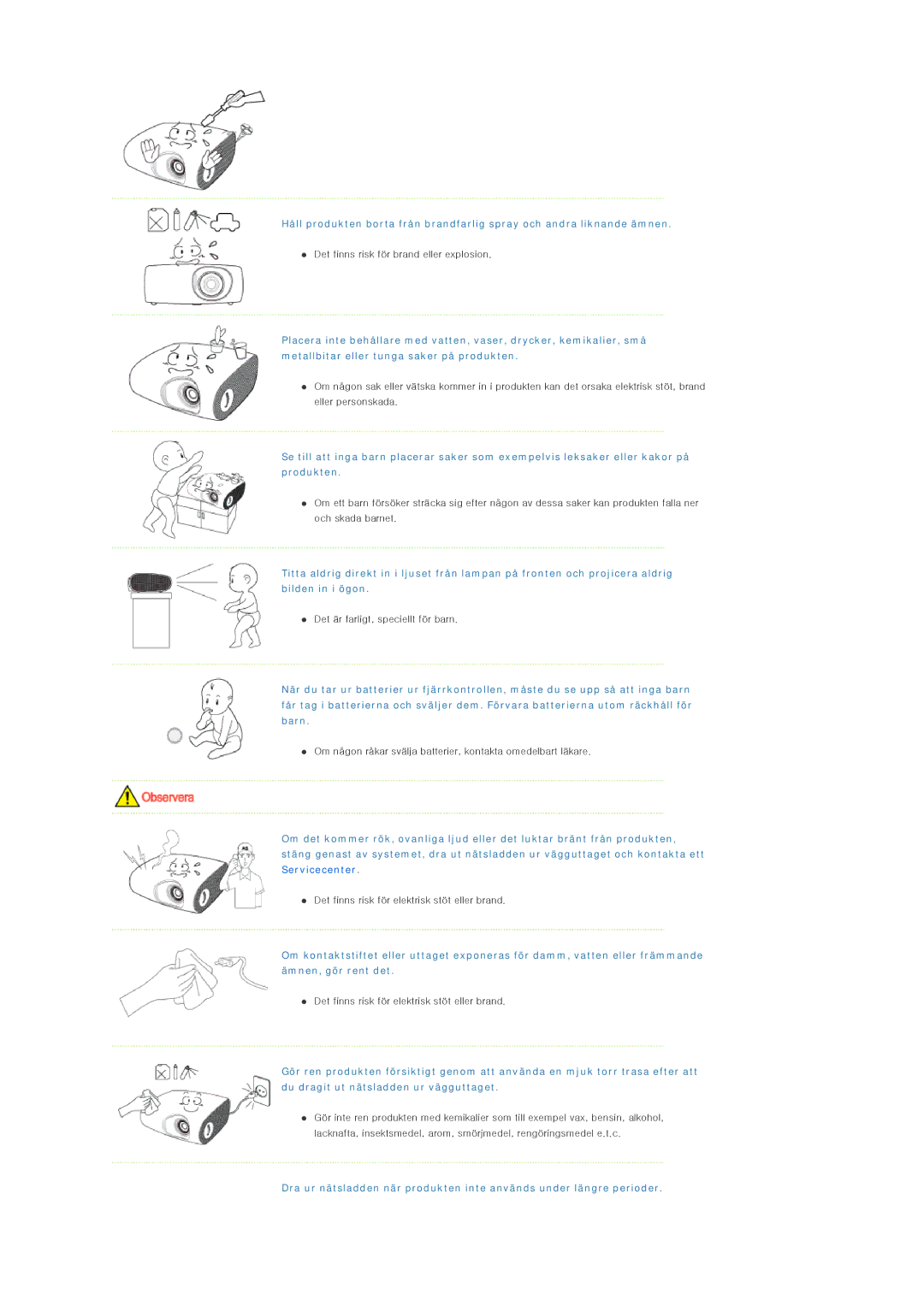 Samsung SPL200WX/EN, SPL250WX/EN manual Det finns risk för brand eller explosion 