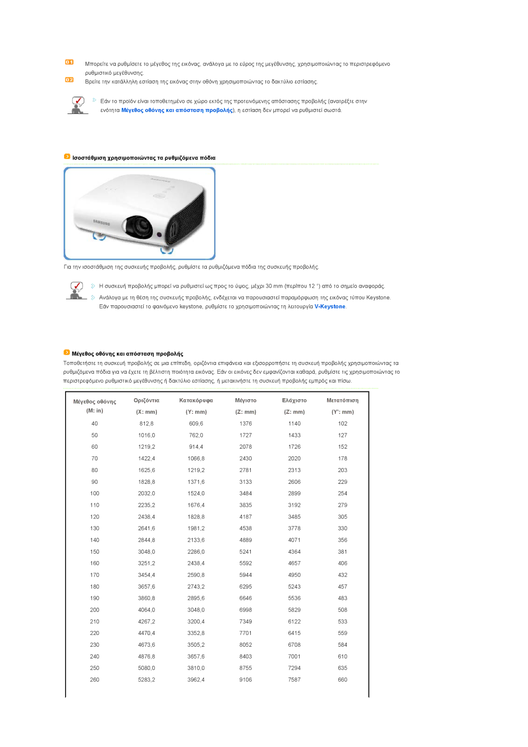 Samsung SPL250WX/EN, SPL200WX/EN Ισοστάθμιση χρησιμοποιώντας τα ρυθμιζόμενα πόδια, Μέγεθος οθόνης και απόσταση προβολής 