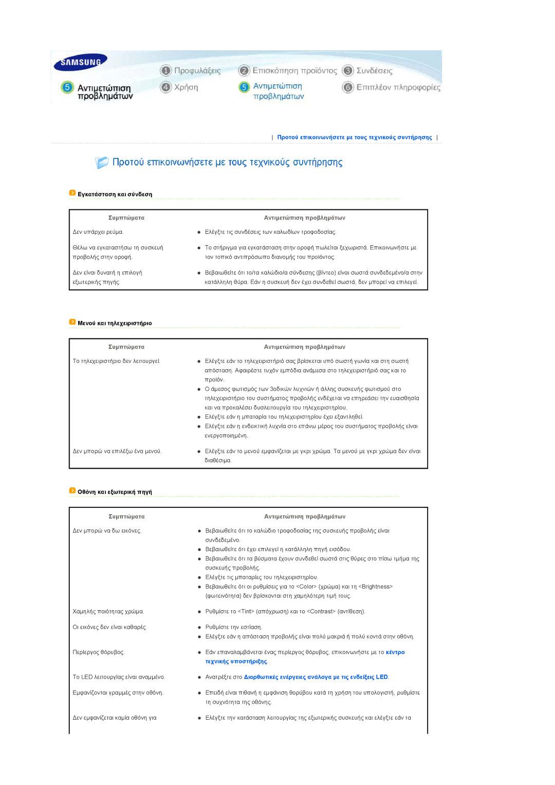 Samsung SPL250WX/EN, SPL200WX/EN manual Εγκατάσταση και σύνδεση, Μενού και τηλεχειριστήριο, Οθόνη και εξωτερική πηγή 