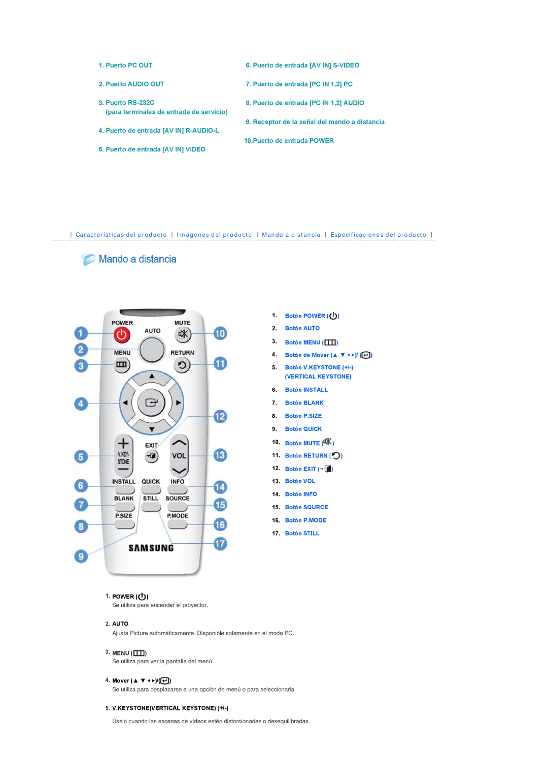 Samsung SPL250WX/EN, SPL250WVX/EN, SPL200WX/EN manual Puerto de entrada Power Puerto de entrada AV in Video, Menu 