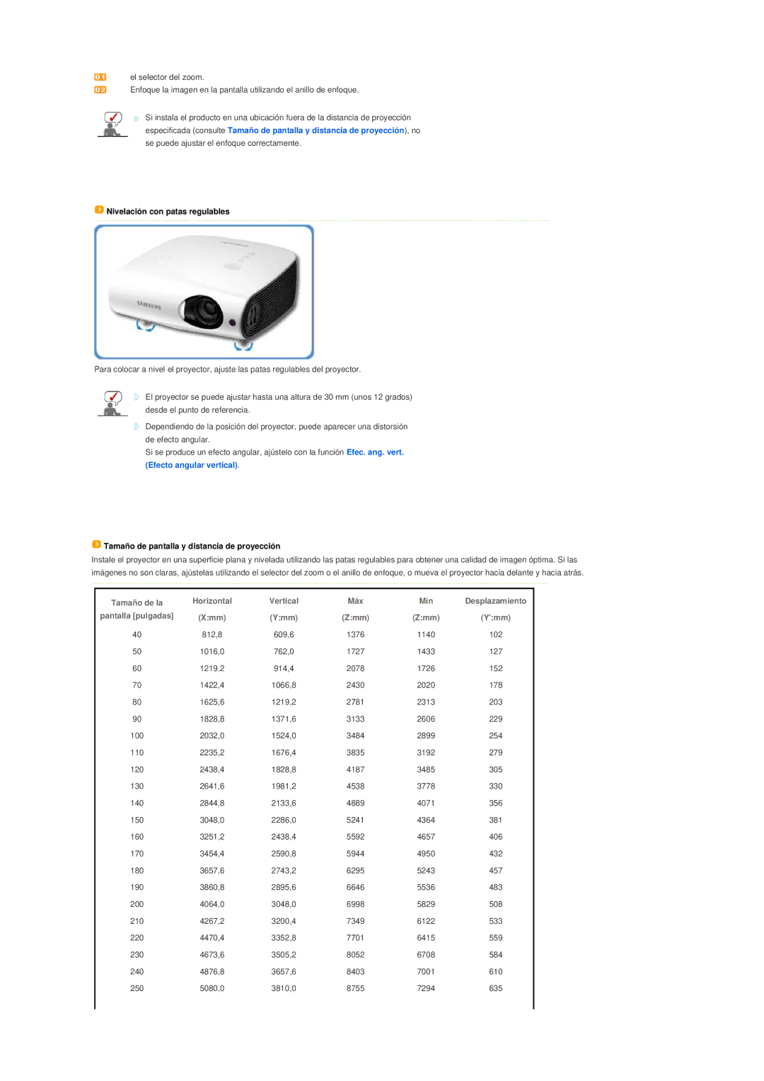 Samsung SPL200WX/EN, SPL250WX/EN, SPL250WVX/EN manual Nivelación con patas regulables 