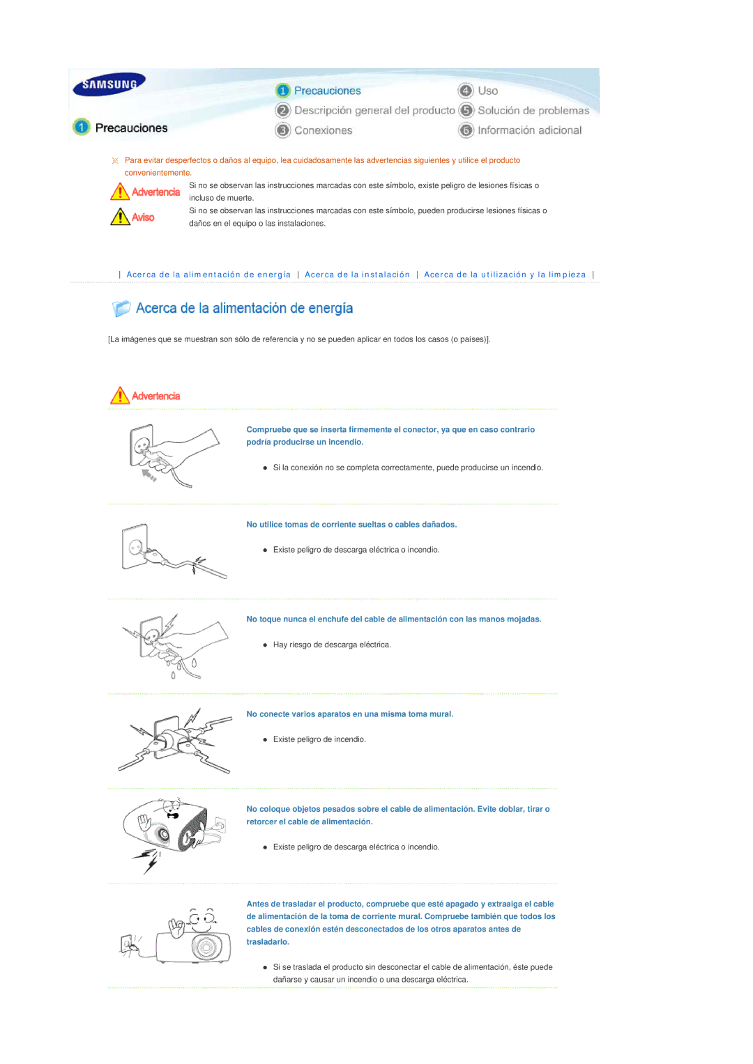 Samsung SPL200WX/EN, SPL250WX/EN, SPL250WVX/EN manual No utilice tomas de corriente sueltas o cables dañados 