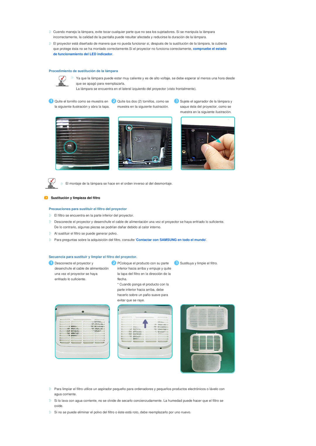 Samsung SPL250WVX/EN manual Procedimiento de sustitución de la lámpara, Precauciones para sustituir el filtro del proyector 