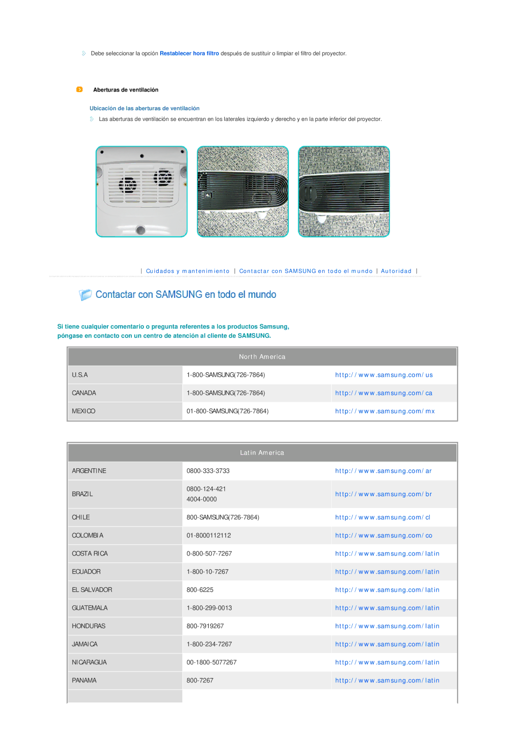 Samsung SPL200WX/EN, SPL250WX/EN, SPL250WVX/EN manual Latin America, Ubicación de las aberturas de ventilación 