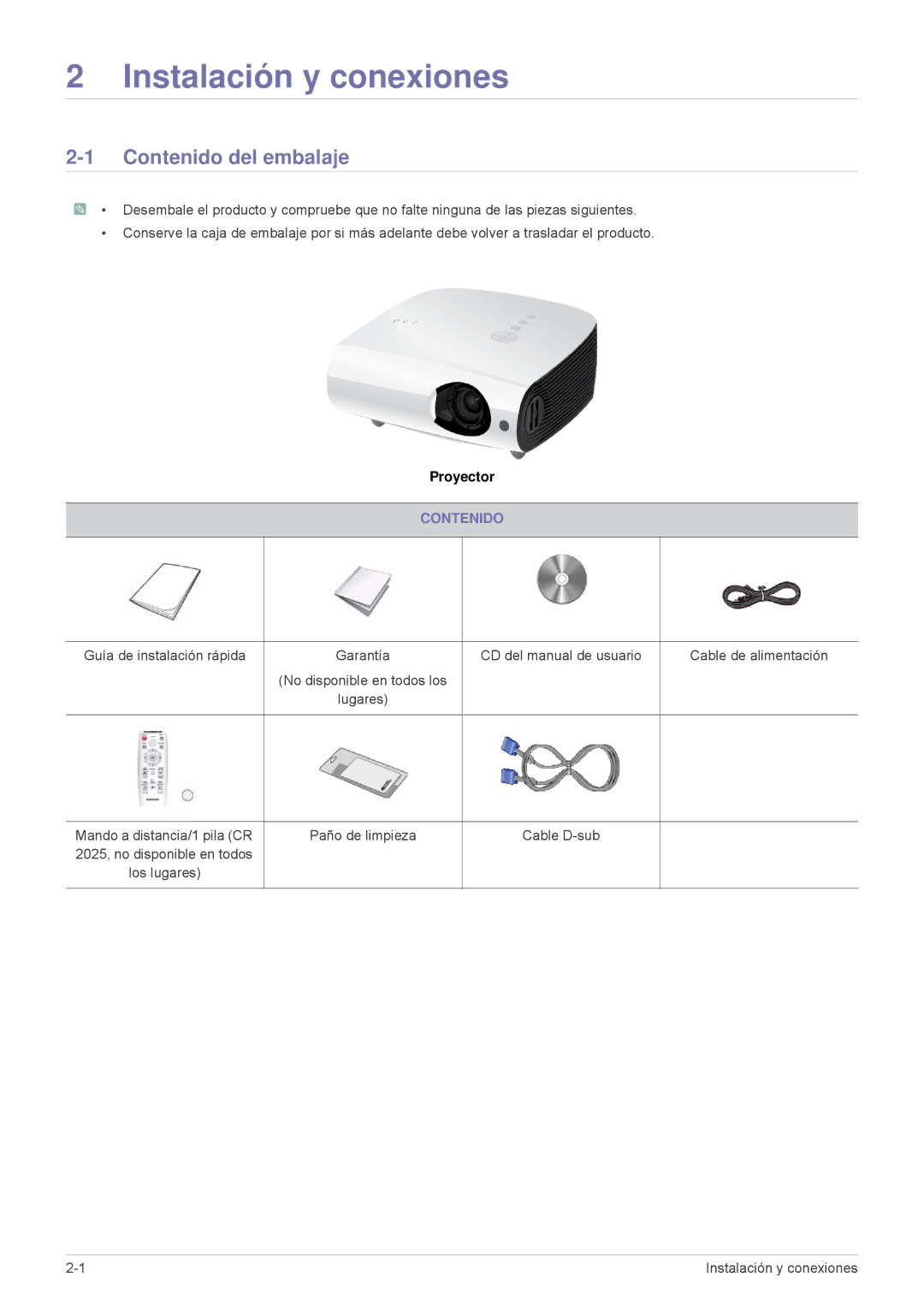 Samsung SPL251WEX/EN, SPL201WEX/EN manual Contenido del embalaje 