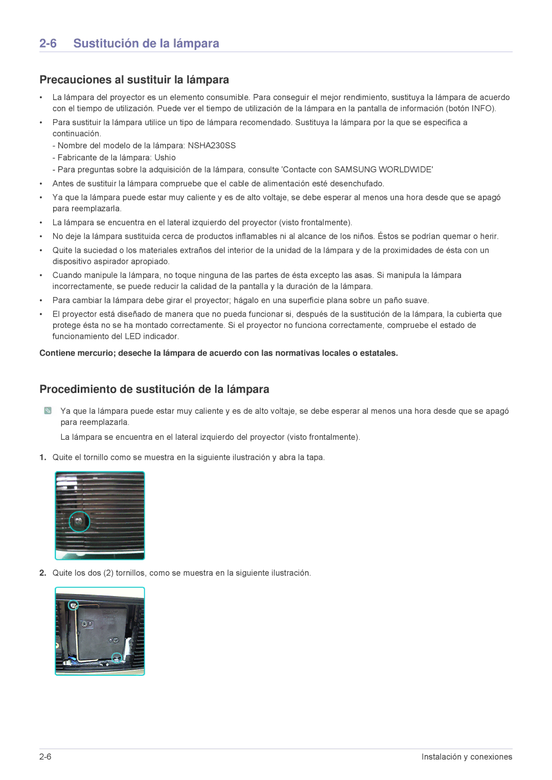 Samsung SPL251WEX/EN, SPL201WEX/EN manual Sustitución de la lámpara, Precauciones al sustituir la lámpara 