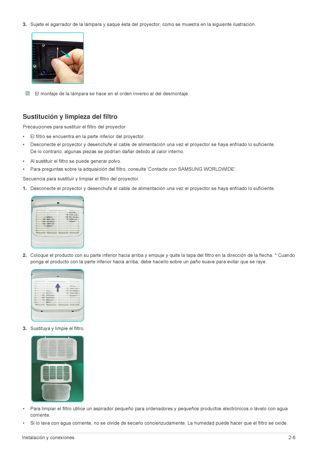 Samsung SPL201WEX/EN, SPL251WEX/EN manual Sustitución y limpieza del filtro 