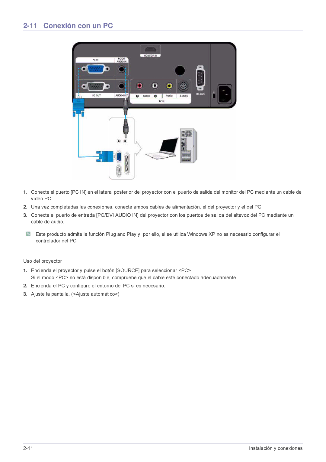 Samsung SPL251WEX/EN, SPL201WEX/EN manual Conexión con un PC 