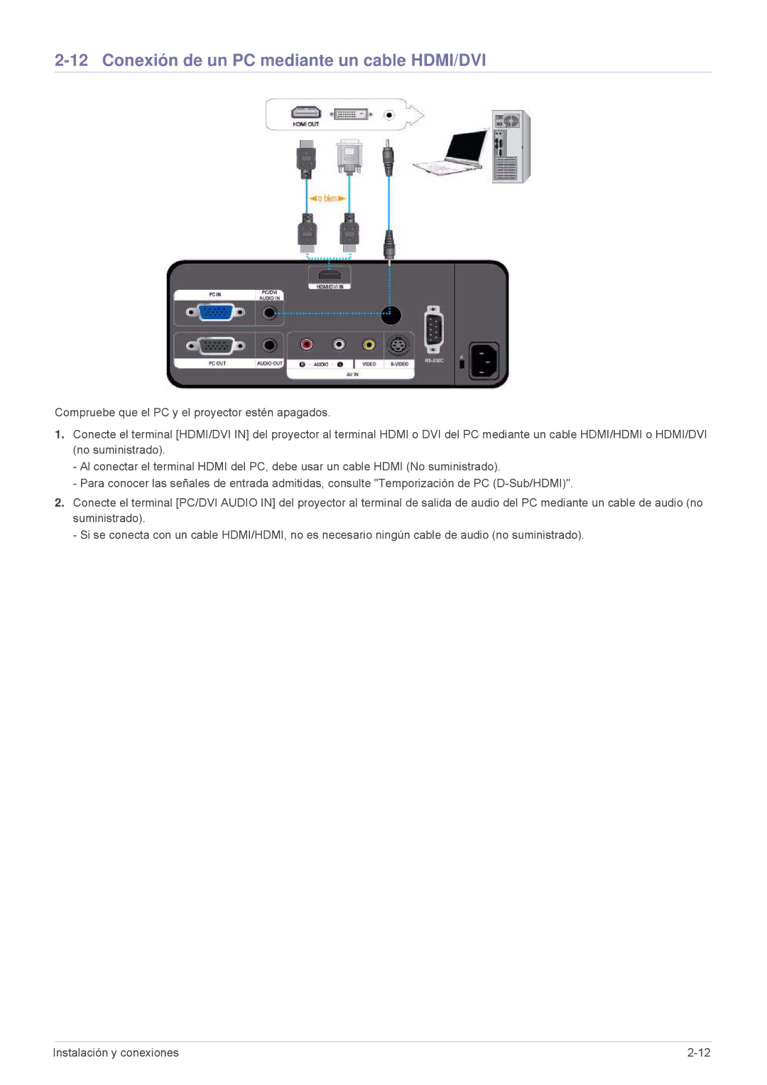 Samsung SPL201WEX/EN, SPL251WEX/EN manual Conexión de un PC mediante un cable HDMI/DVI 