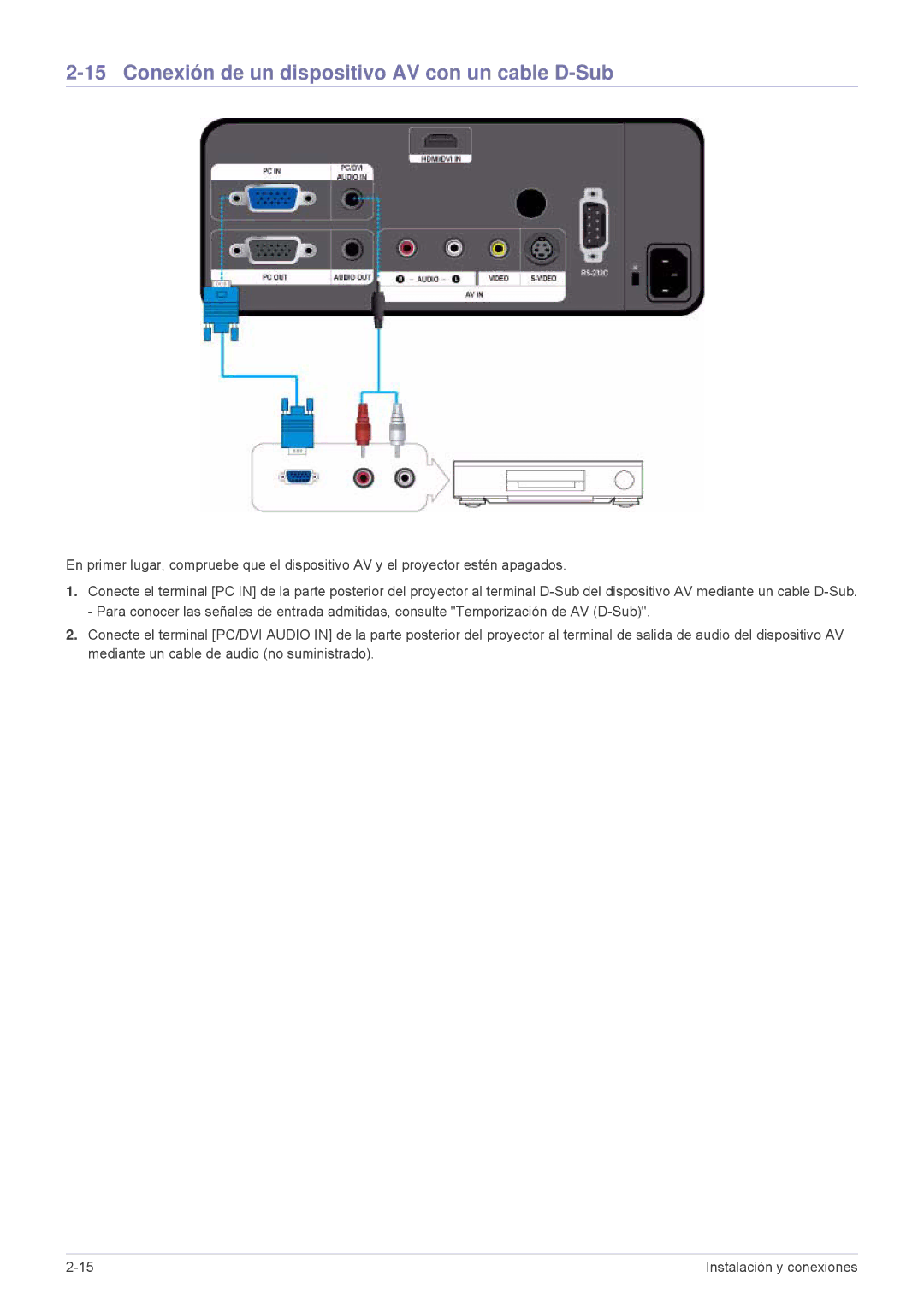 Samsung SPL251WEX/EN, SPL201WEX/EN manual Conexión de un dispositivo AV con un cable D-Sub 