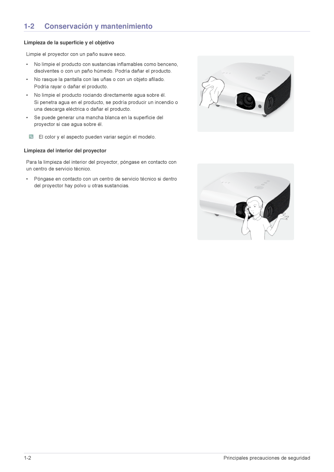 Samsung SPL251WEX/EN, SPL201WEX/EN manual Conservación y mantenimiento, Limpieza de la superficie y el objetivo 