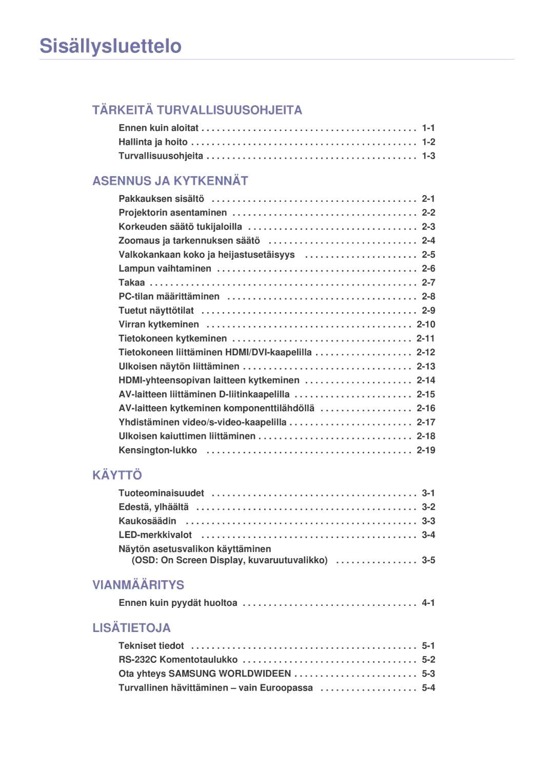 Samsung SPL251WEX/EN, SPL201WEX/EN manual Sisällysluettelo 