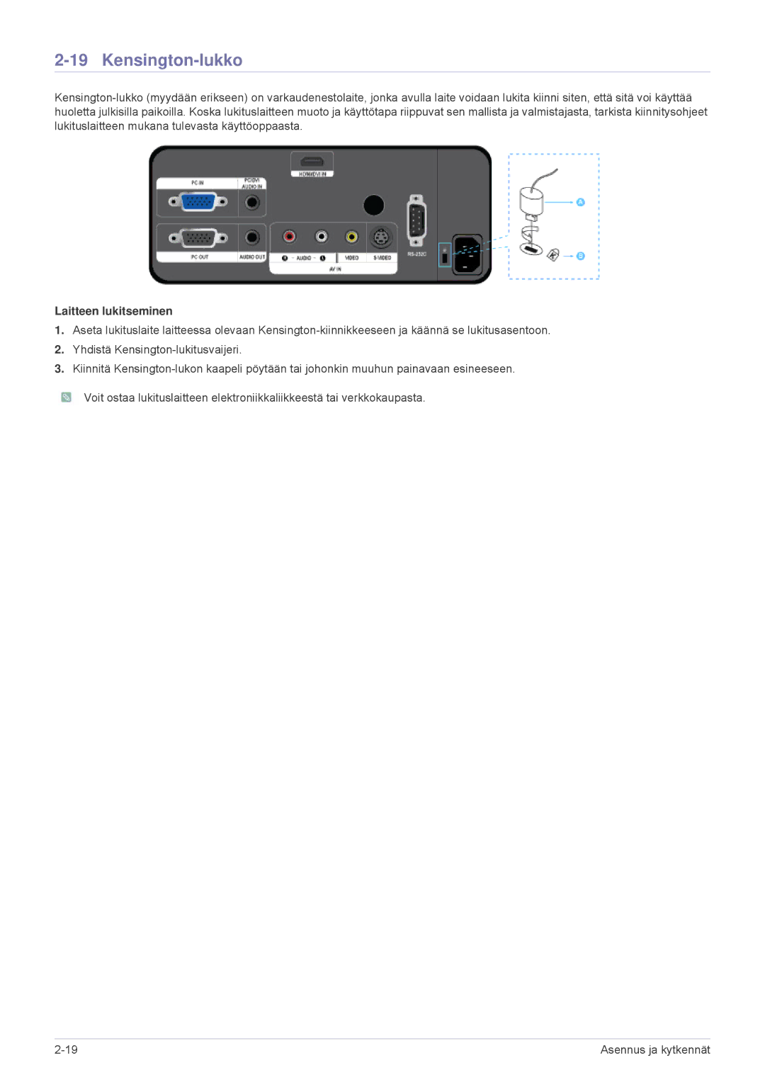 Samsung SPL251WEX/EN, SPL201WEX/EN manual Kensington-lukko, Laitteen lukitseminen 