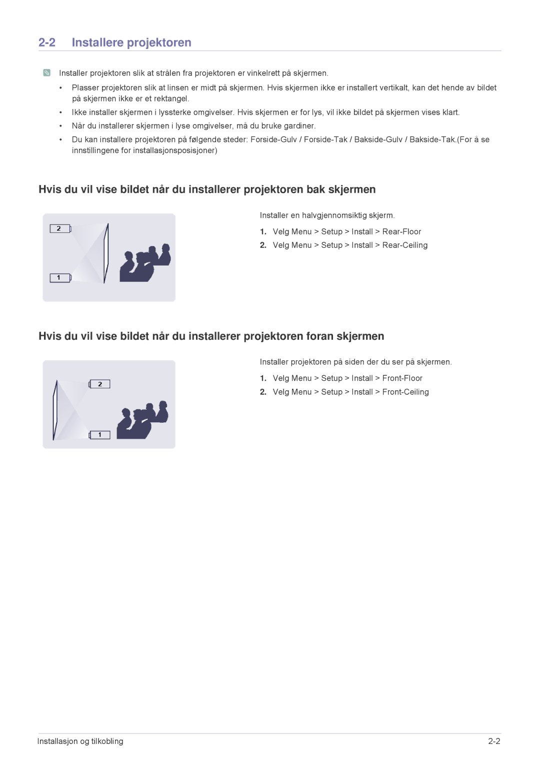 Samsung SPL201WEX/EN, SPL251WEX/EN manual Installere projektoren 