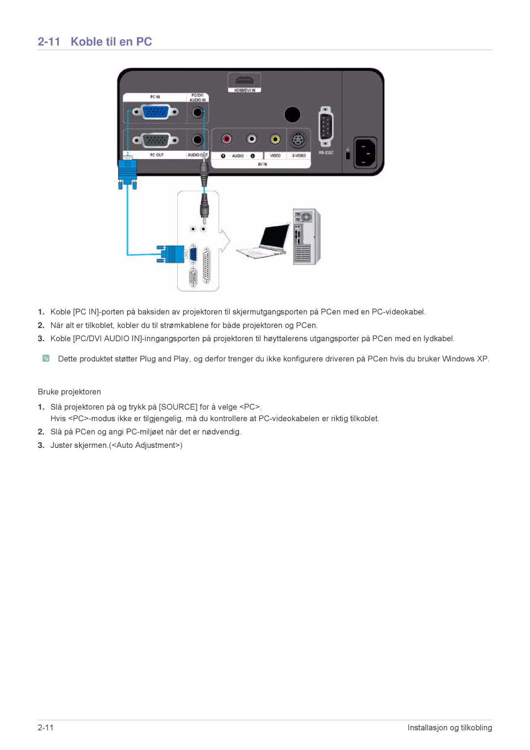 Samsung SPL251WEX/EN, SPL201WEX/EN manual Koble til en PC 