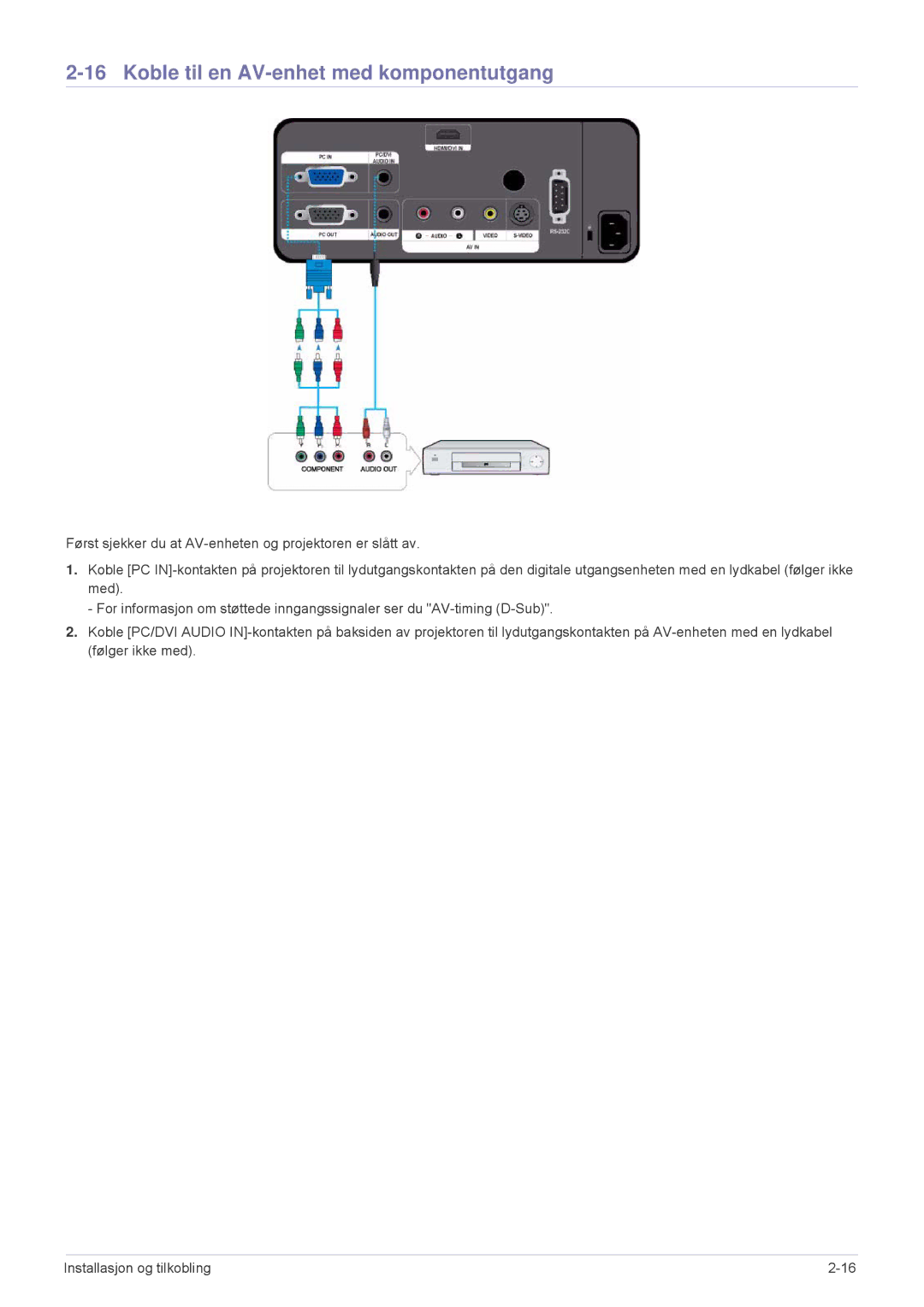 Samsung SPL201WEX/EN, SPL251WEX/EN manual Koble til en AV-enhet med komponentutgang 