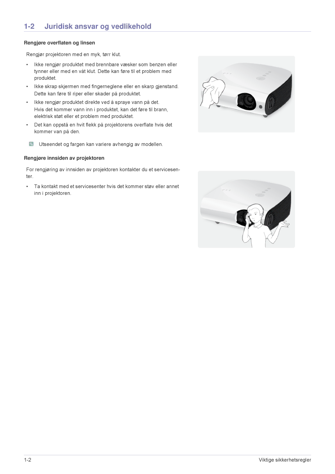 Samsung SPL251WEX/EN, SPL201WEX/EN manual Juridisk ansvar og vedlikehold, Rengjøre overflaten og linsen 