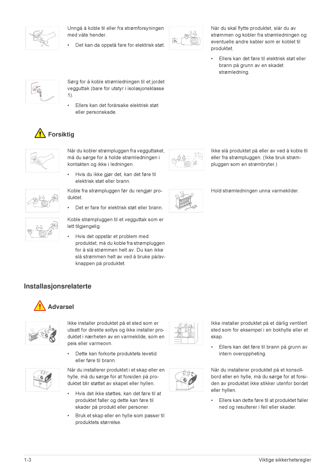 Samsung SPL251WEX/EN, SPL201WEX/EN manual Installasjonsrelaterte, Forsiktig 