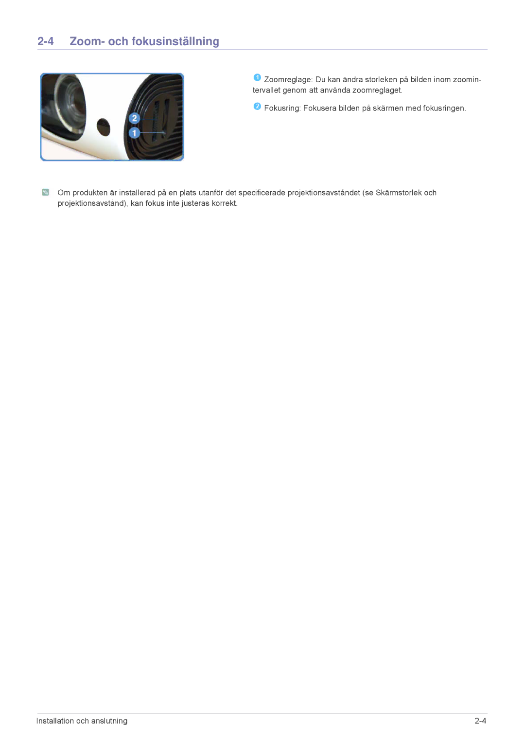 Samsung SPL201WEX/EN, SPL251WEX/EN manual Zoom- och fokusinställning 